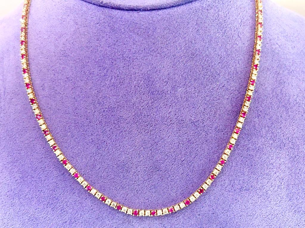 14K Yellow Gold Diamond & Ruby Tennis Necklace 4.82 Carats For Sale 2