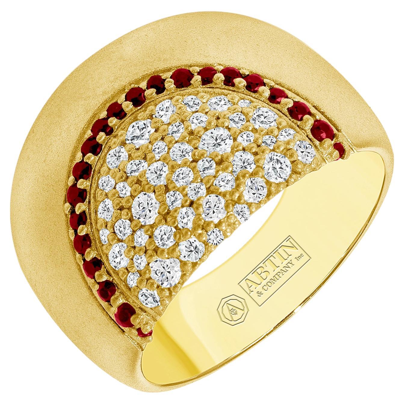 14K Yellow Gold Diamond & Ruby Wide Dome Statement Ring Band  For Sale