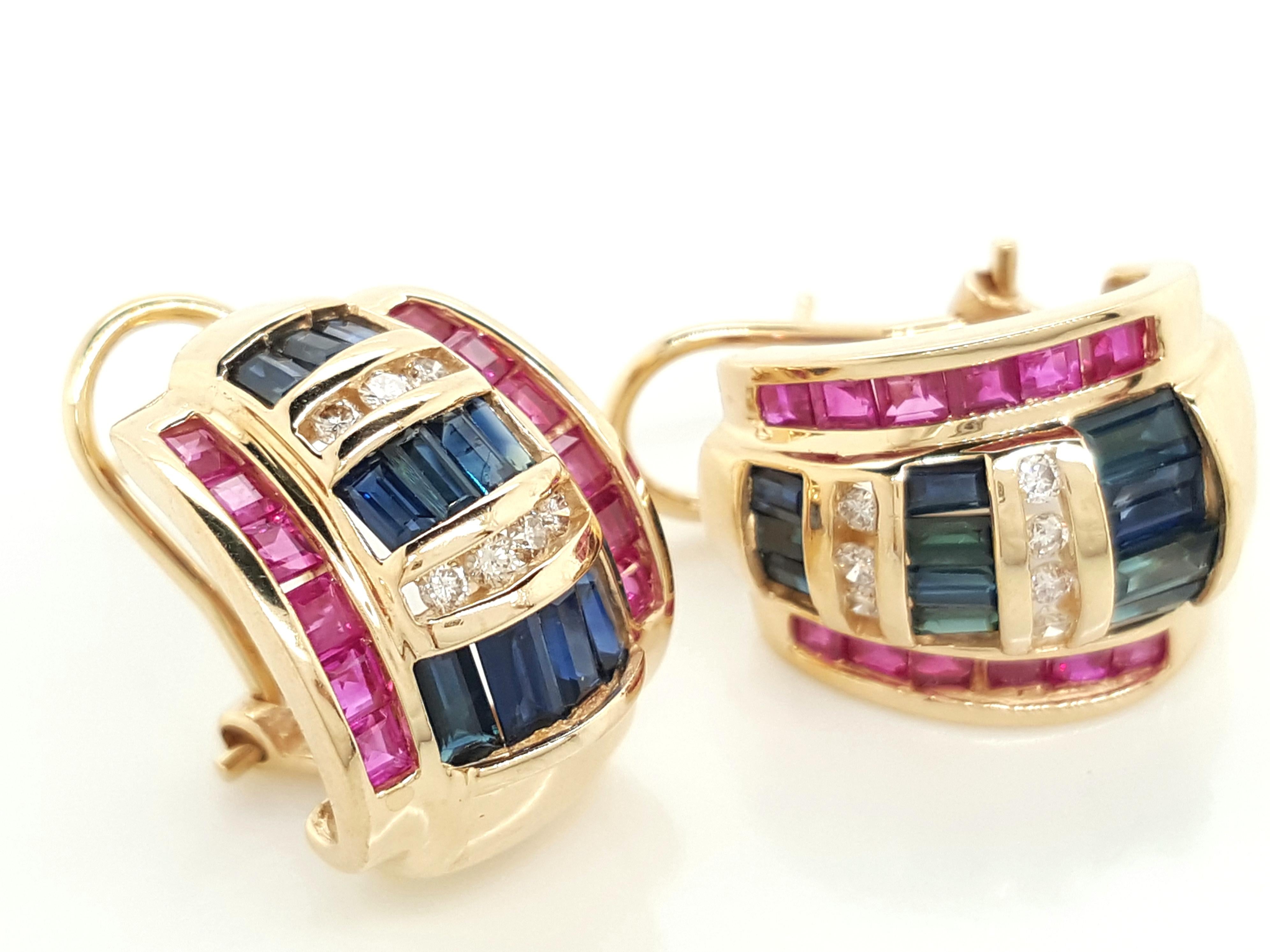 Round Cut 14 Karat Yellow Gold Diamond Sapphire and Ruby Omega Back Earrings For Sale