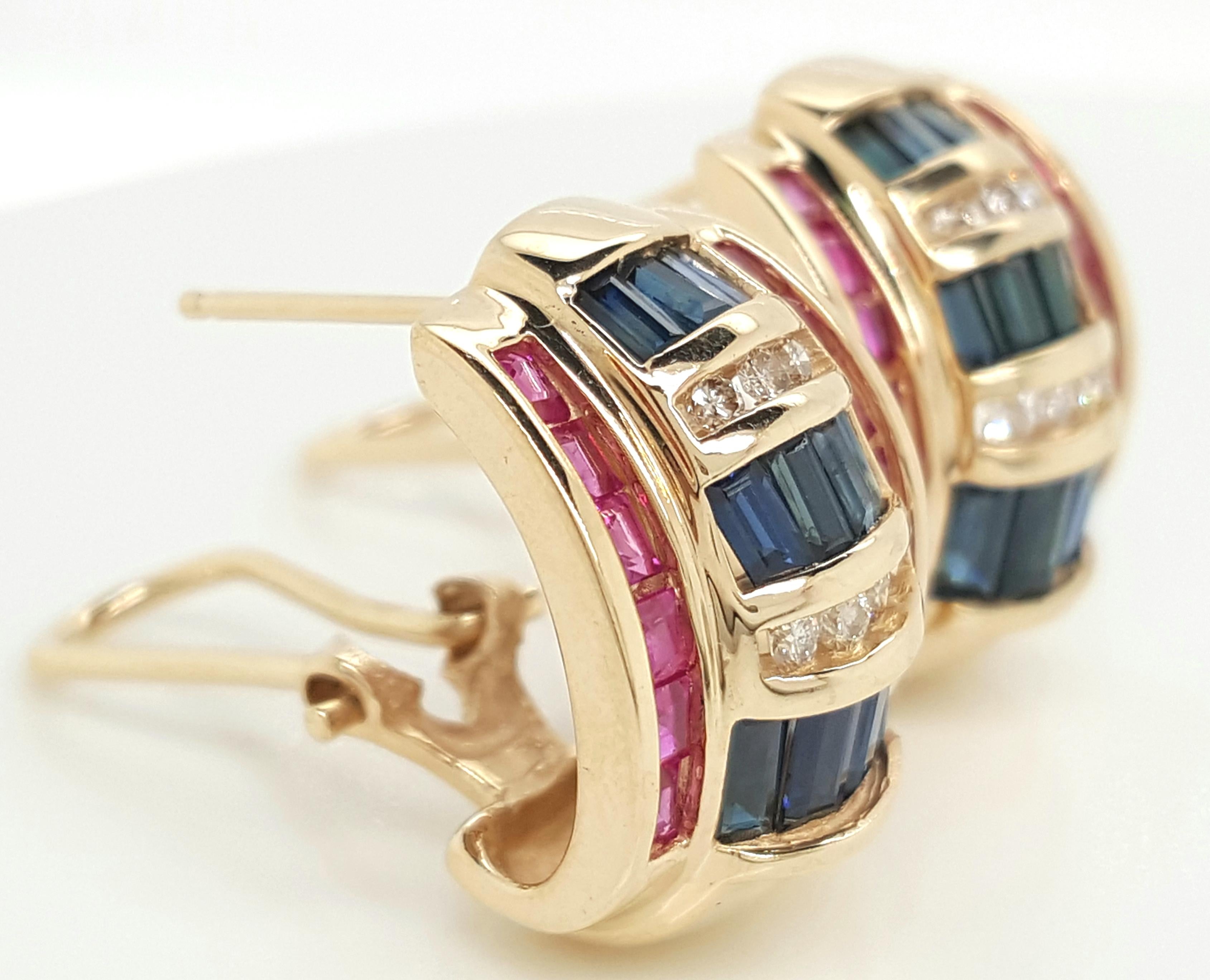 14 Karat Yellow Gold Diamond Sapphire and Ruby Omega Back Earrings In Excellent Condition For Sale In Addison, TX