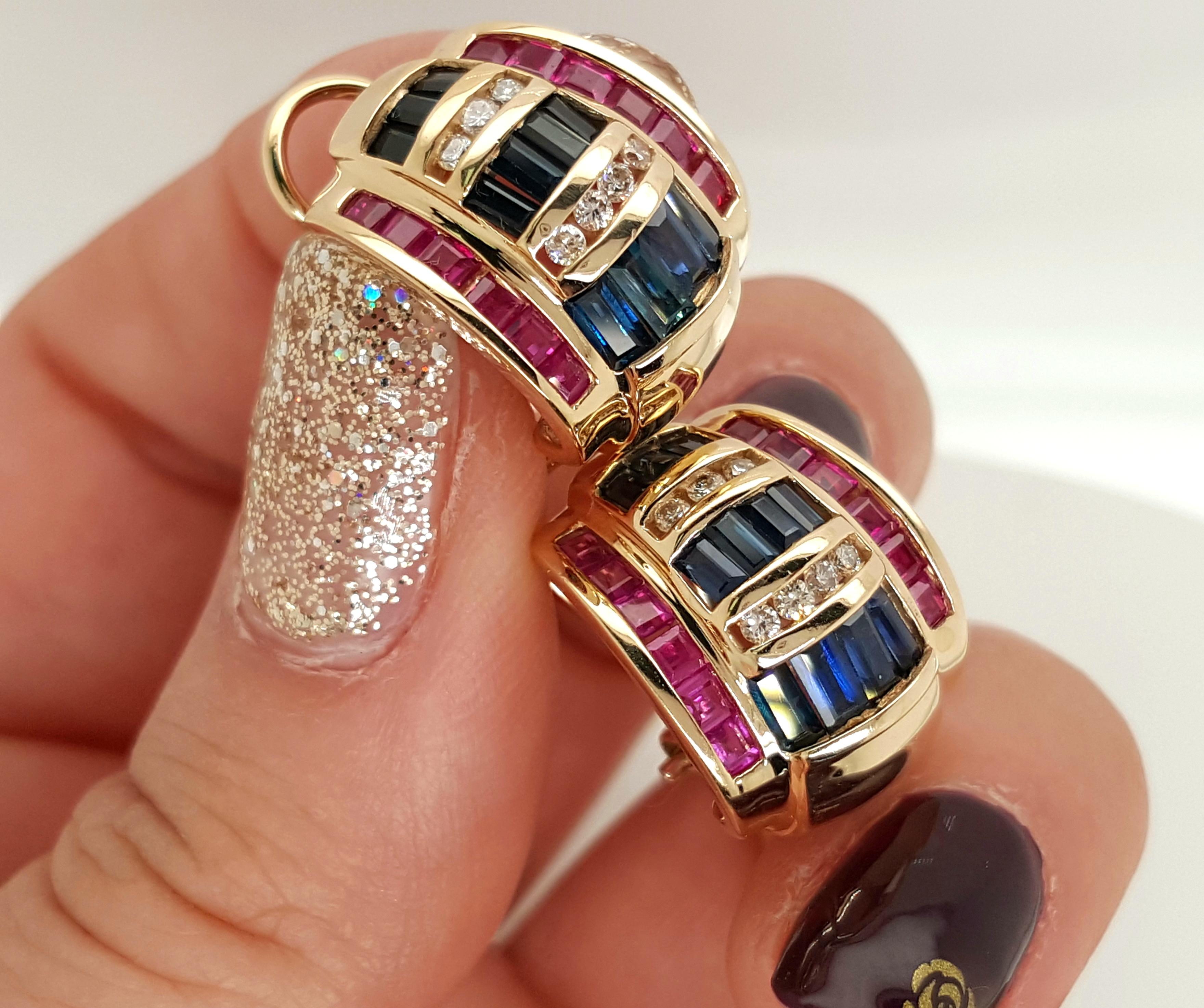 14 Karat Yellow Gold Diamond Sapphire and Ruby Omega Back Earrings For Sale 1