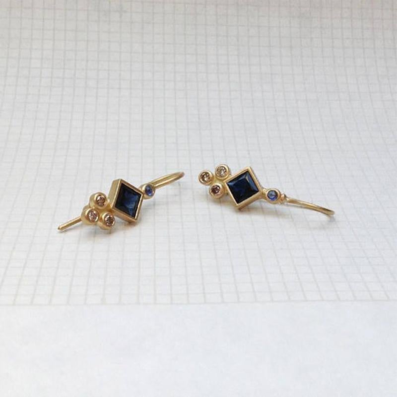 Princess Cut Sapphire Diamond 14K Yellow Gold Drop Earrings For Sale 1
