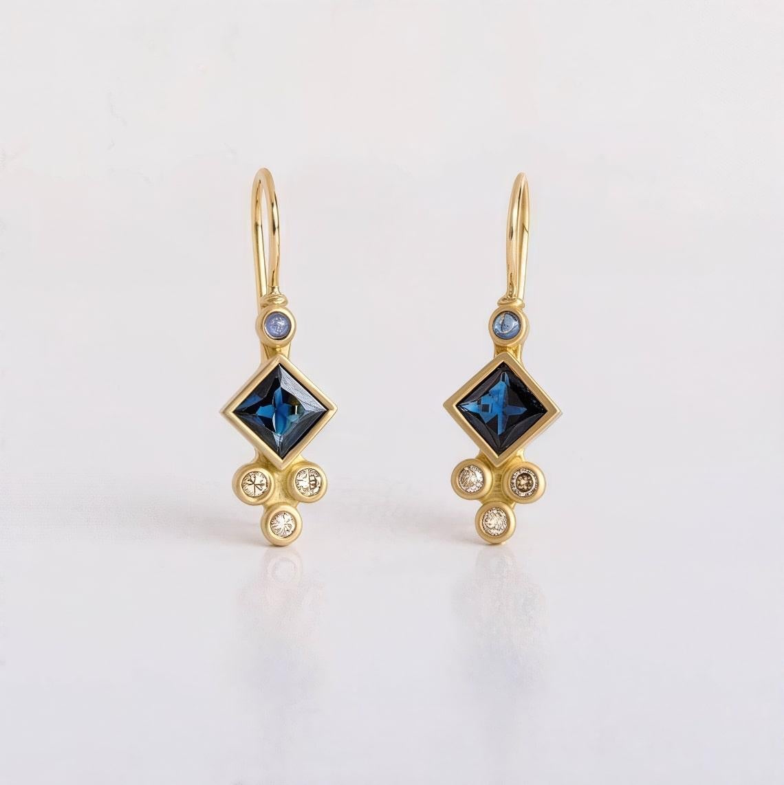 Princess Cut Sapphire Diamond 14K Yellow Gold Drop Earrings