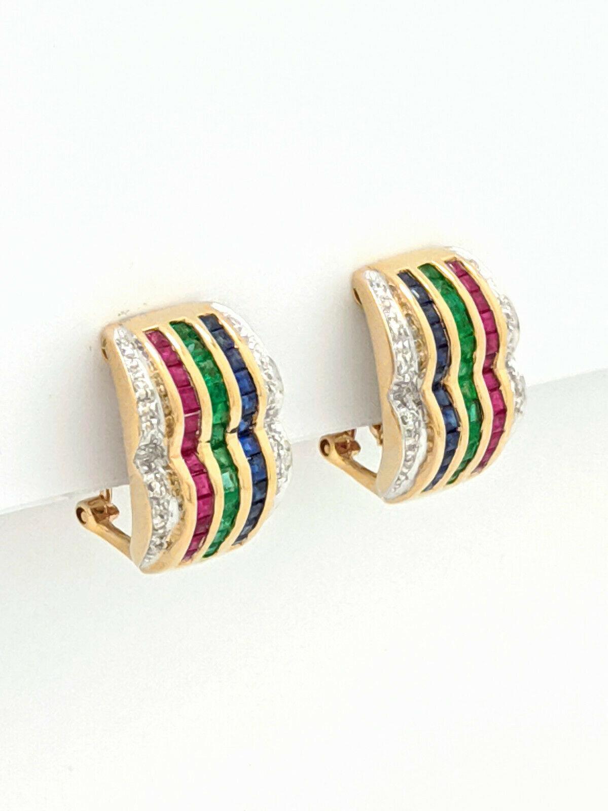 14 Karat Yellow Gold Diamond Sapphire Emerald Ruby Hoop Earrings In Good Condition For Sale In Gainesville, FL