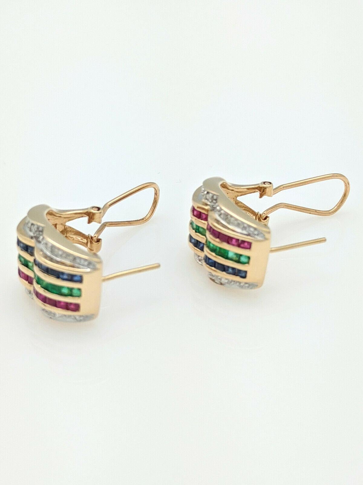 14 Karat Yellow Gold Diamond Sapphire Emerald Ruby Hoop Earrings For Sale 1