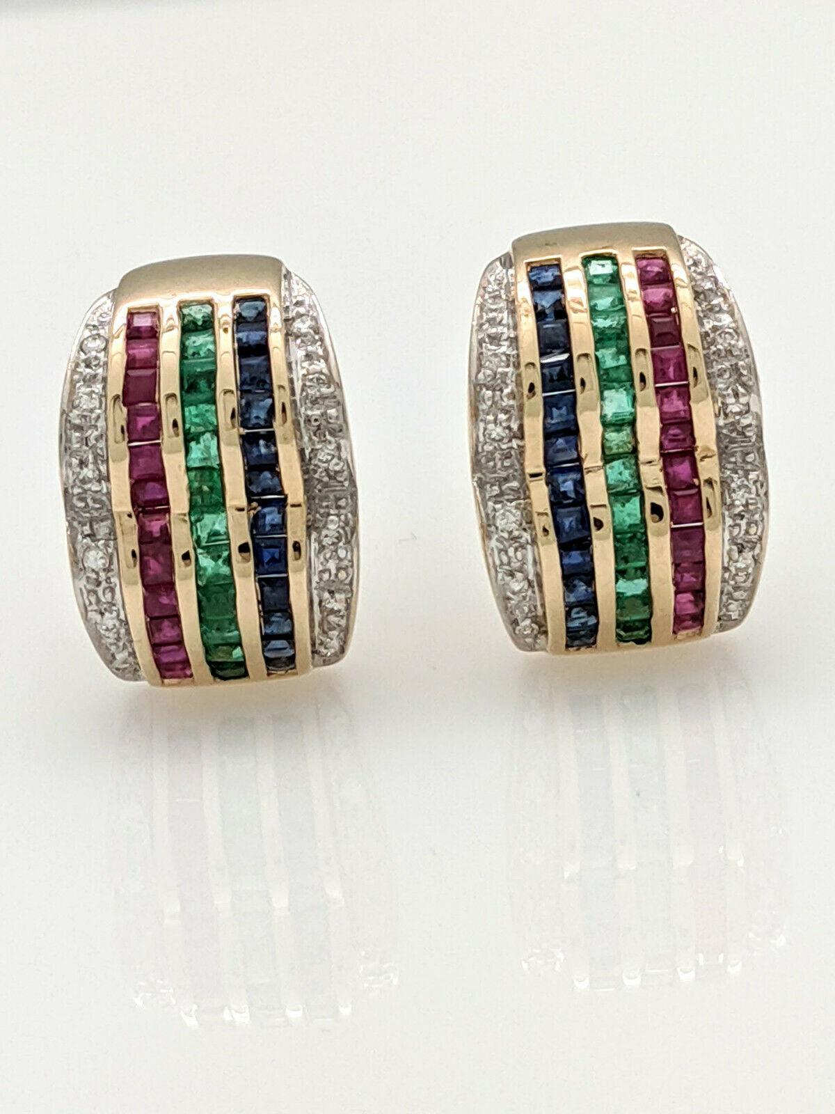 14 Karat Yellow Gold Diamond Sapphire Emerald Ruby Hoop Earrings For Sale 3