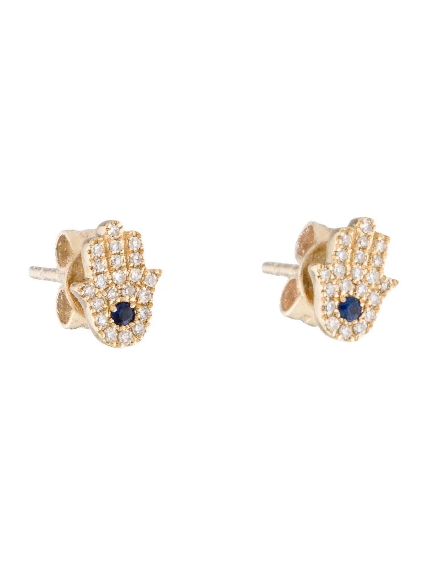 Contemporary 14K Yellow Gold Diamond & Sapphire Hand of Gd Stud Earrings For Sale