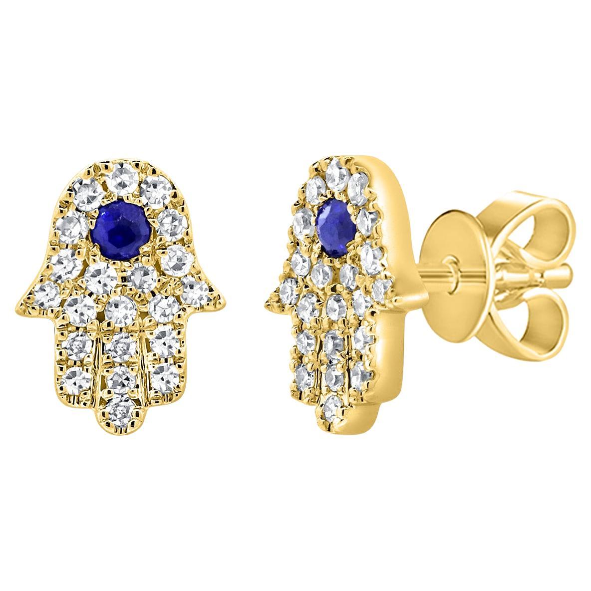 14K Yellow Gold Diamond & Sapphire Hand of Gd Stud Earrings For Sale