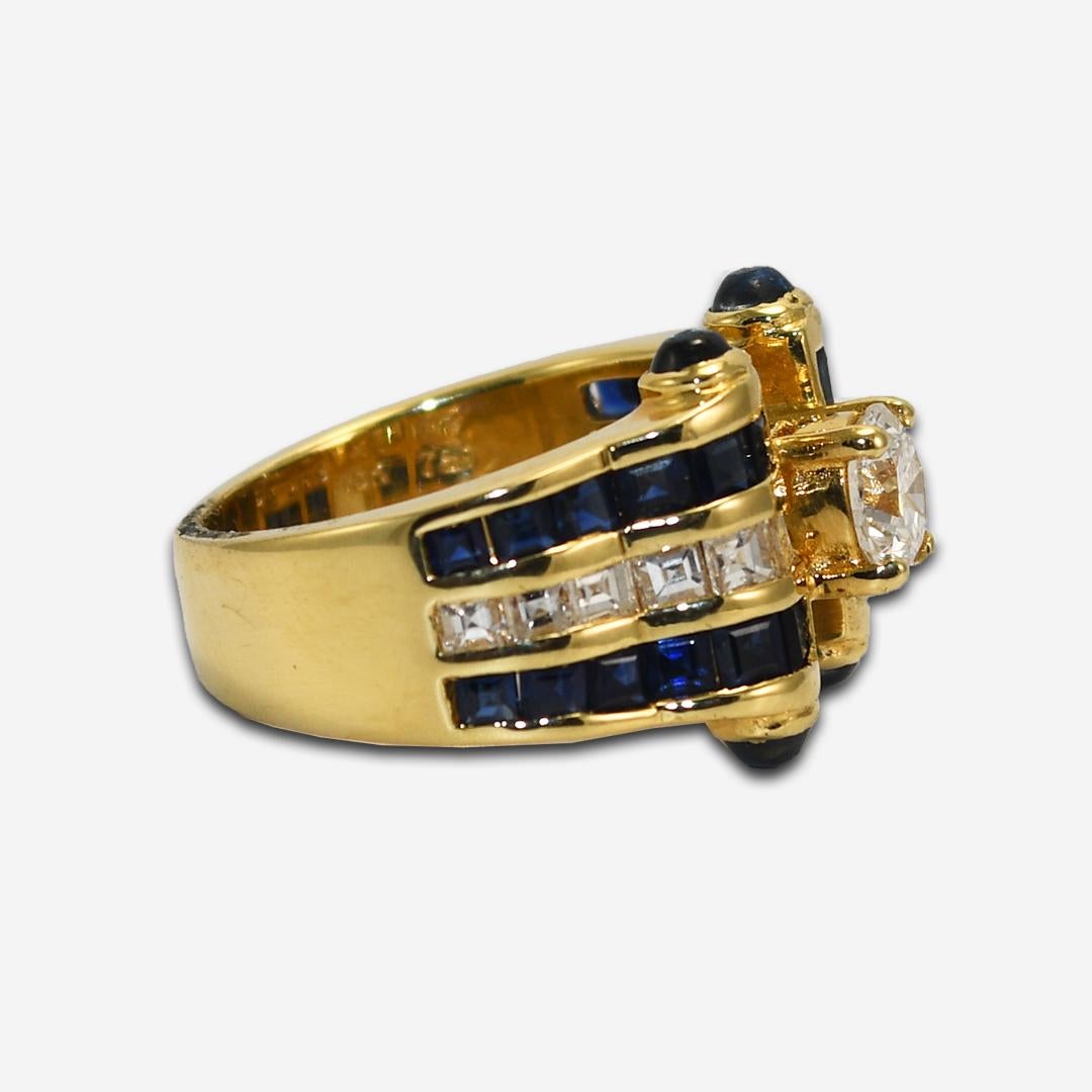 Round Cut 14K Yellow Gold Diamond & Sapphire Ring For Sale