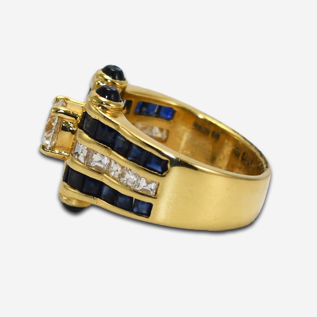 Women's or Men's 14K Yellow Gold Diamond & Sapphire Ring For Sale