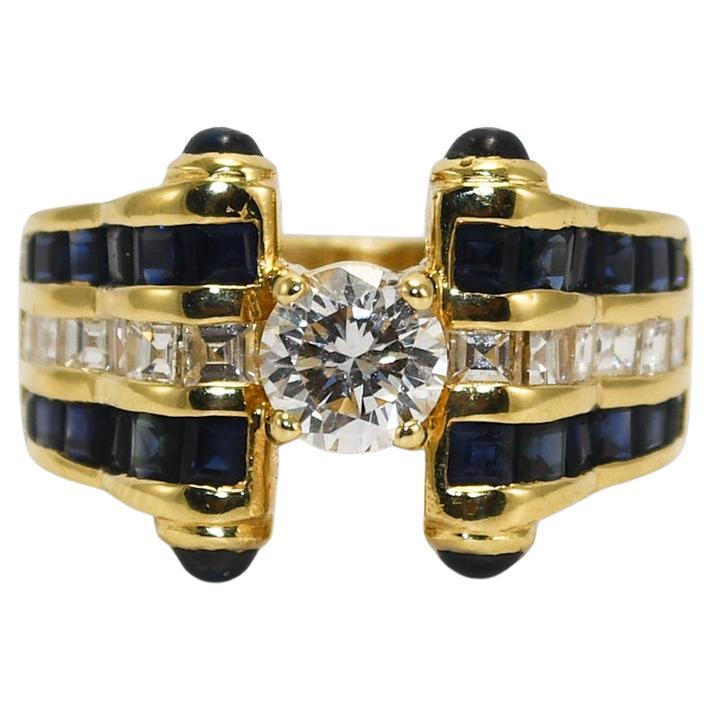 14K Yellow Gold Diamond & Sapphire Ring For Sale