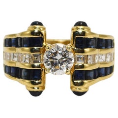 Bague en or jaune 14 carats, diamant et saphir