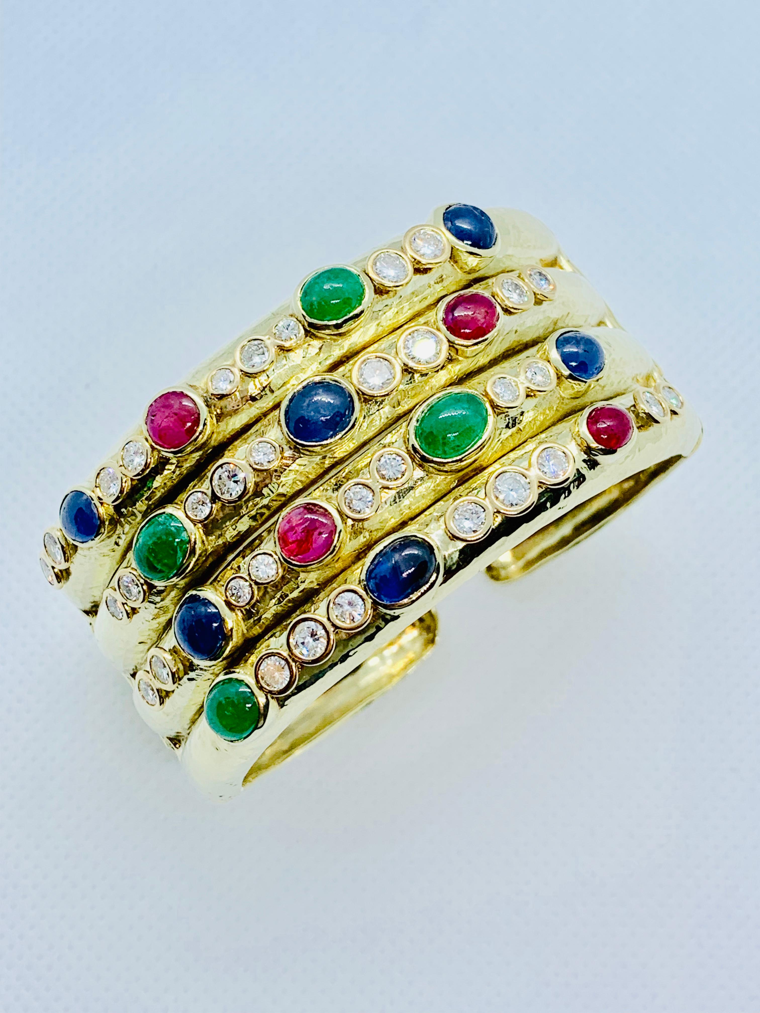 Contemporary 14 Karat Gold, Diamond, Sapphire, Ruby and Emerald Wide Hinged Cuff Bracelet