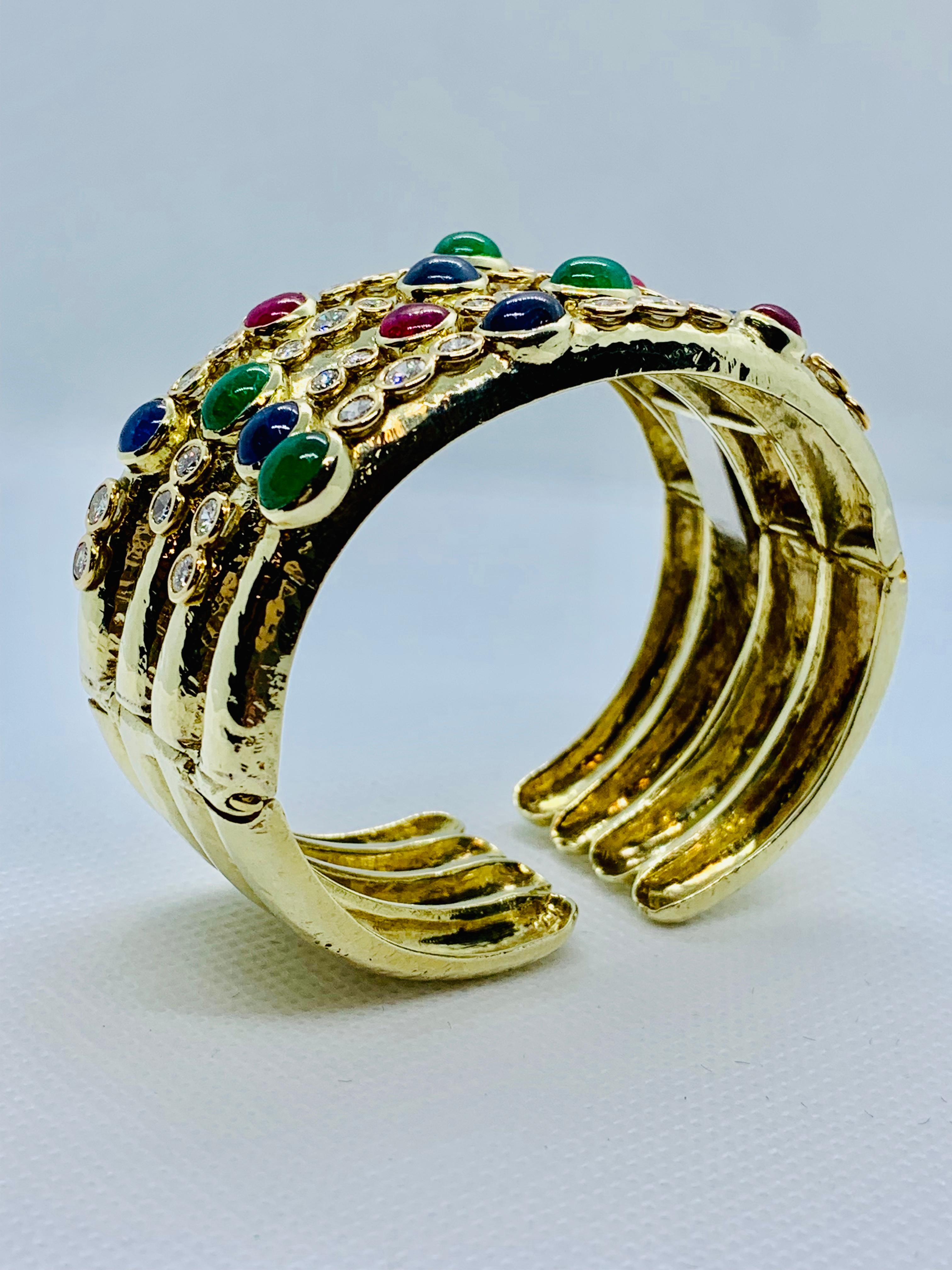 14 Karat Gold, Diamond, Sapphire, Ruby and Emerald Wide Hinged Cuff Bracelet In Excellent Condition In Birmingham, AL