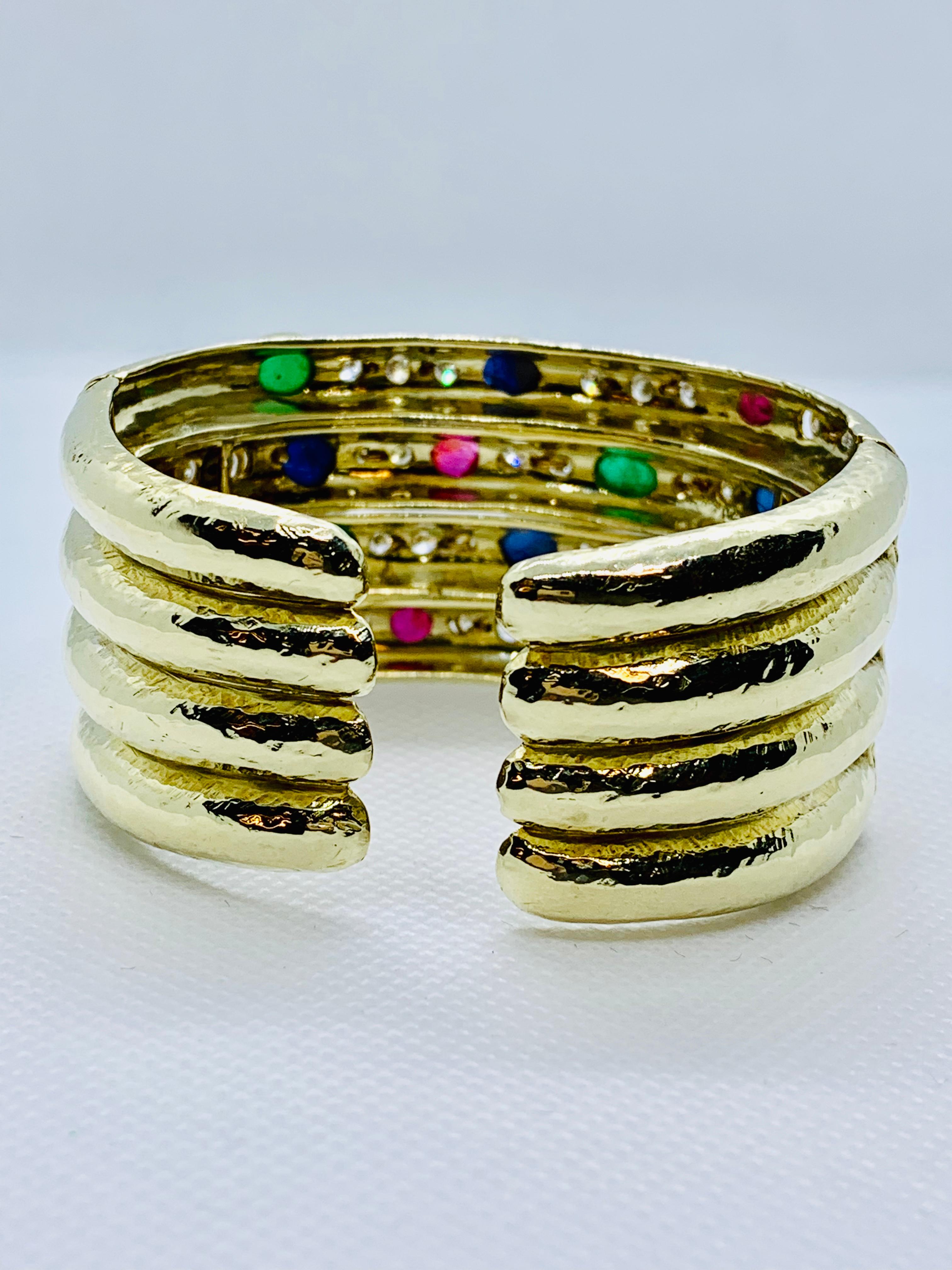 Women's 14 Karat Gold, Diamond, Sapphire, Ruby and Emerald Wide Hinged Cuff Bracelet