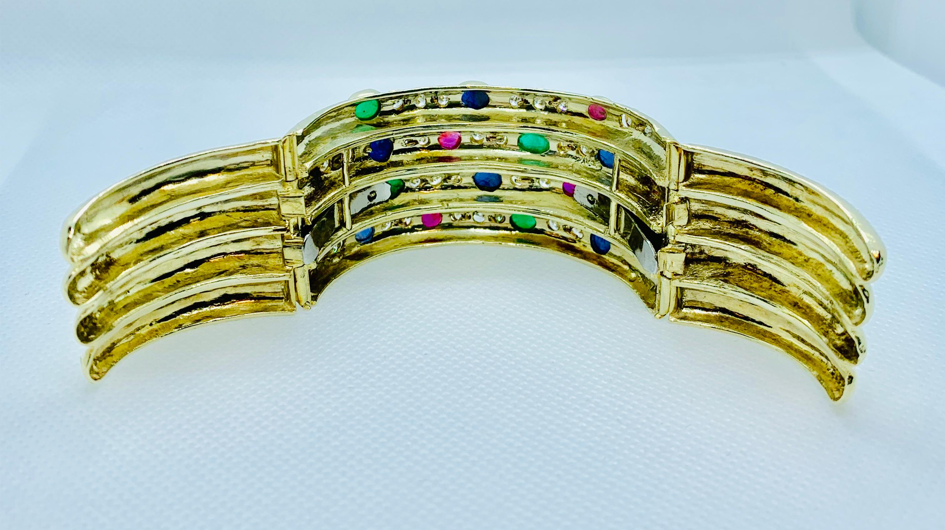 14 Karat Gold, Diamond, Sapphire, Ruby and Emerald Wide Hinged Cuff Bracelet 1