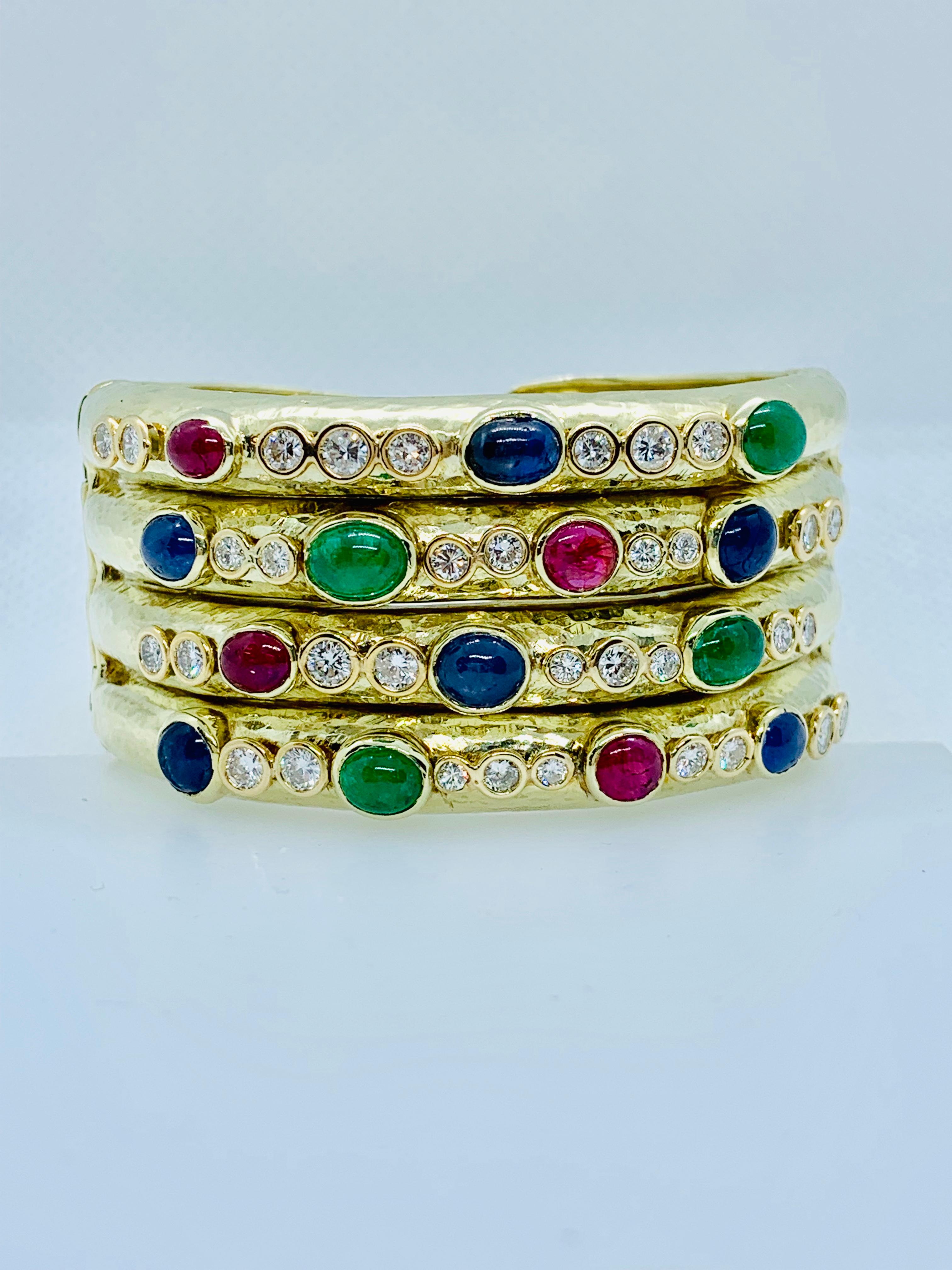 14 Karat Gold, Diamond, Sapphire, Ruby and Emerald Wide Hinged Cuff Bracelet 2
