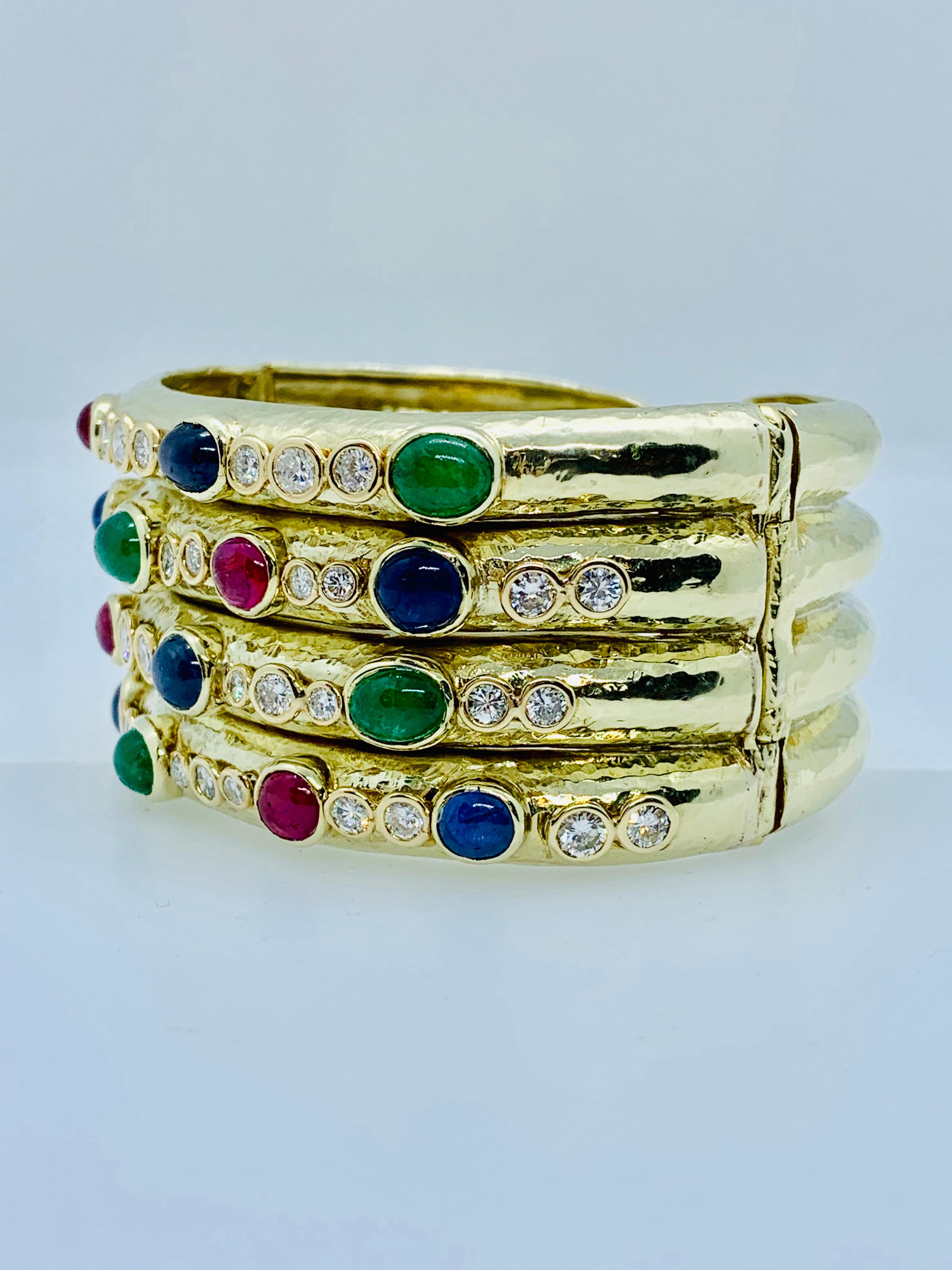 14 Karat Gold, Diamond, Sapphire, Ruby and Emerald Wide Hinged Cuff Bracelet 3