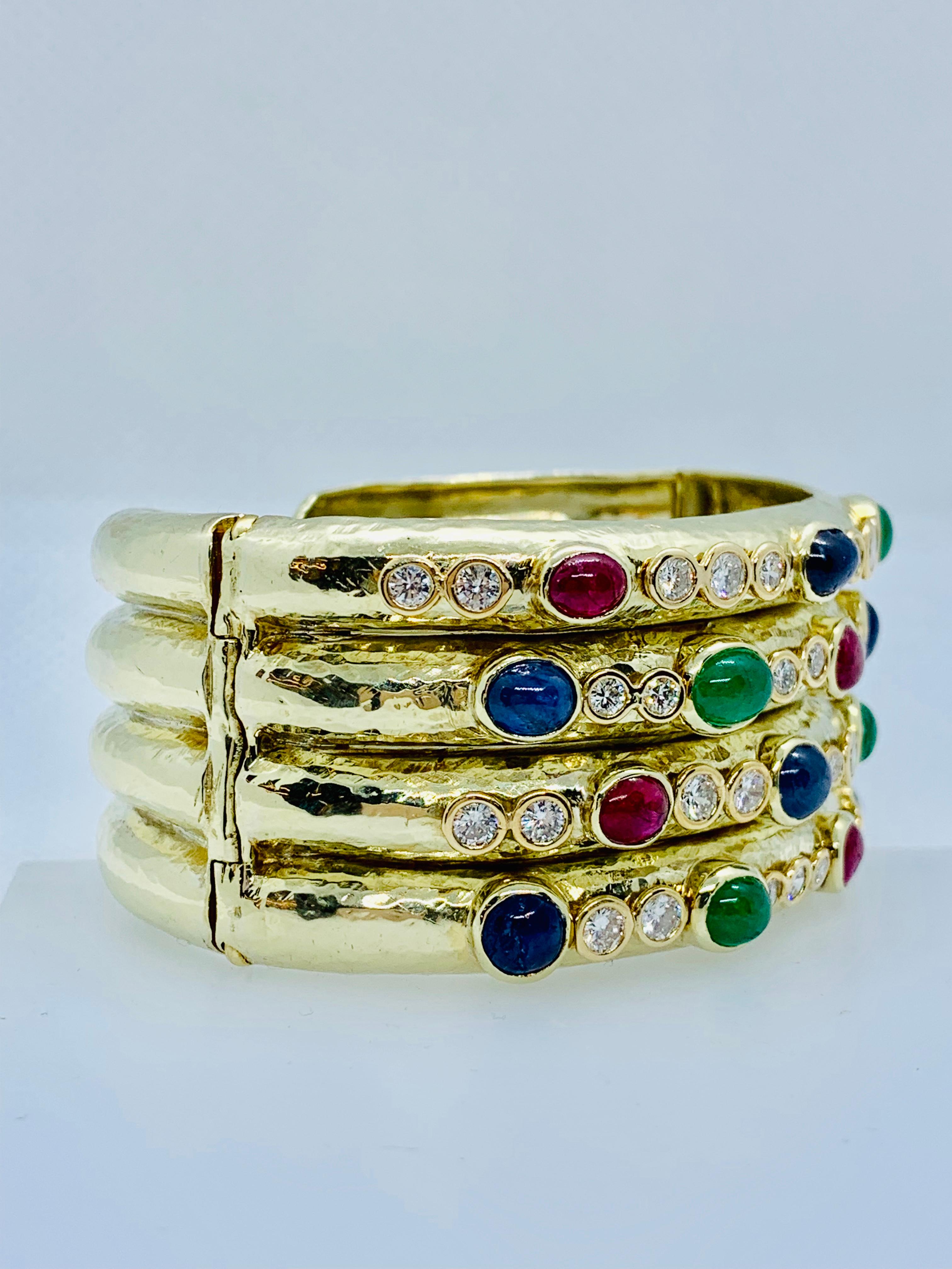 14 Karat Gold, Diamond, Sapphire, Ruby and Emerald Wide Hinged Cuff Bracelet 4