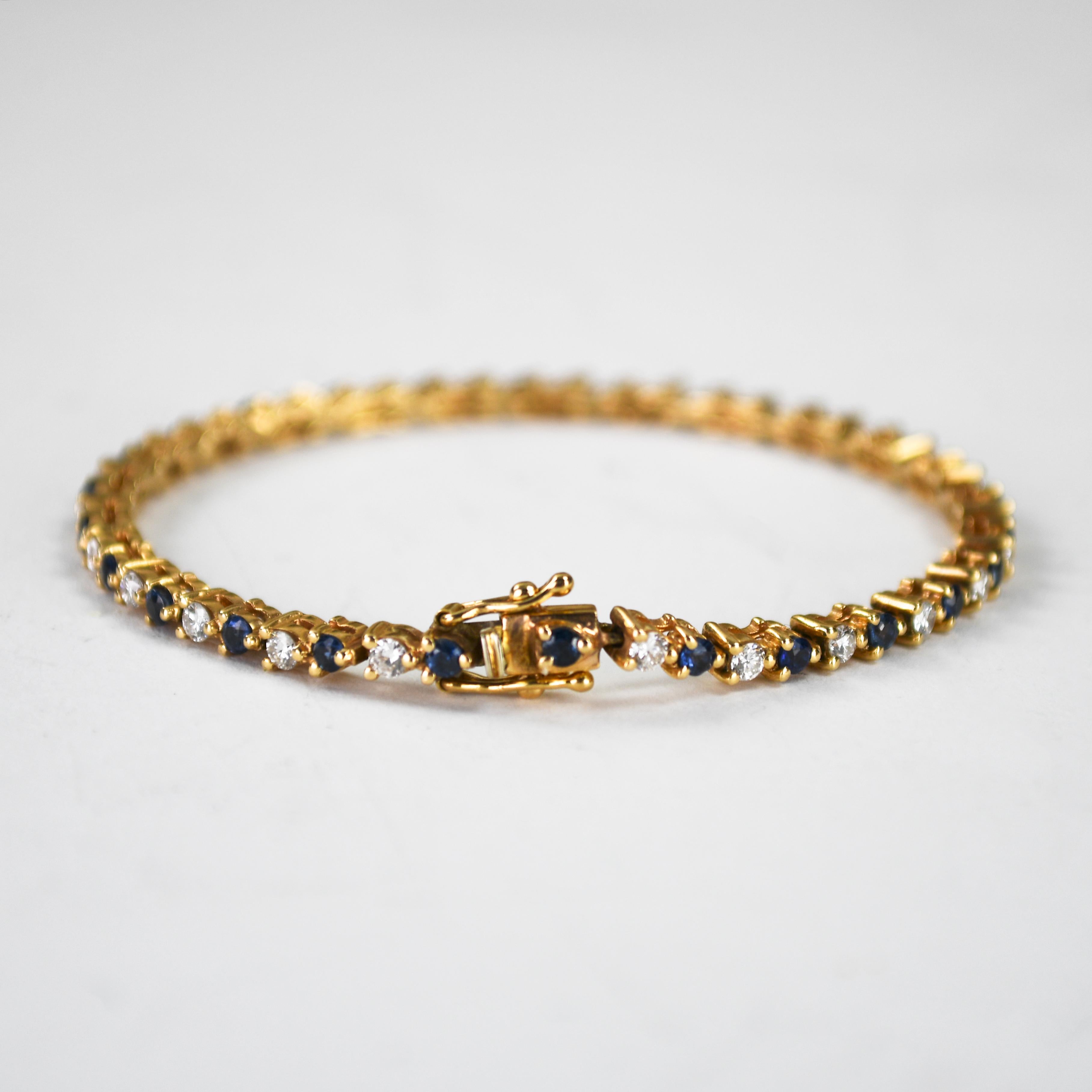 14K Gelbgold Diamant & Saphir Tennisarmband 9.6g (Rundschliff) im Angebot