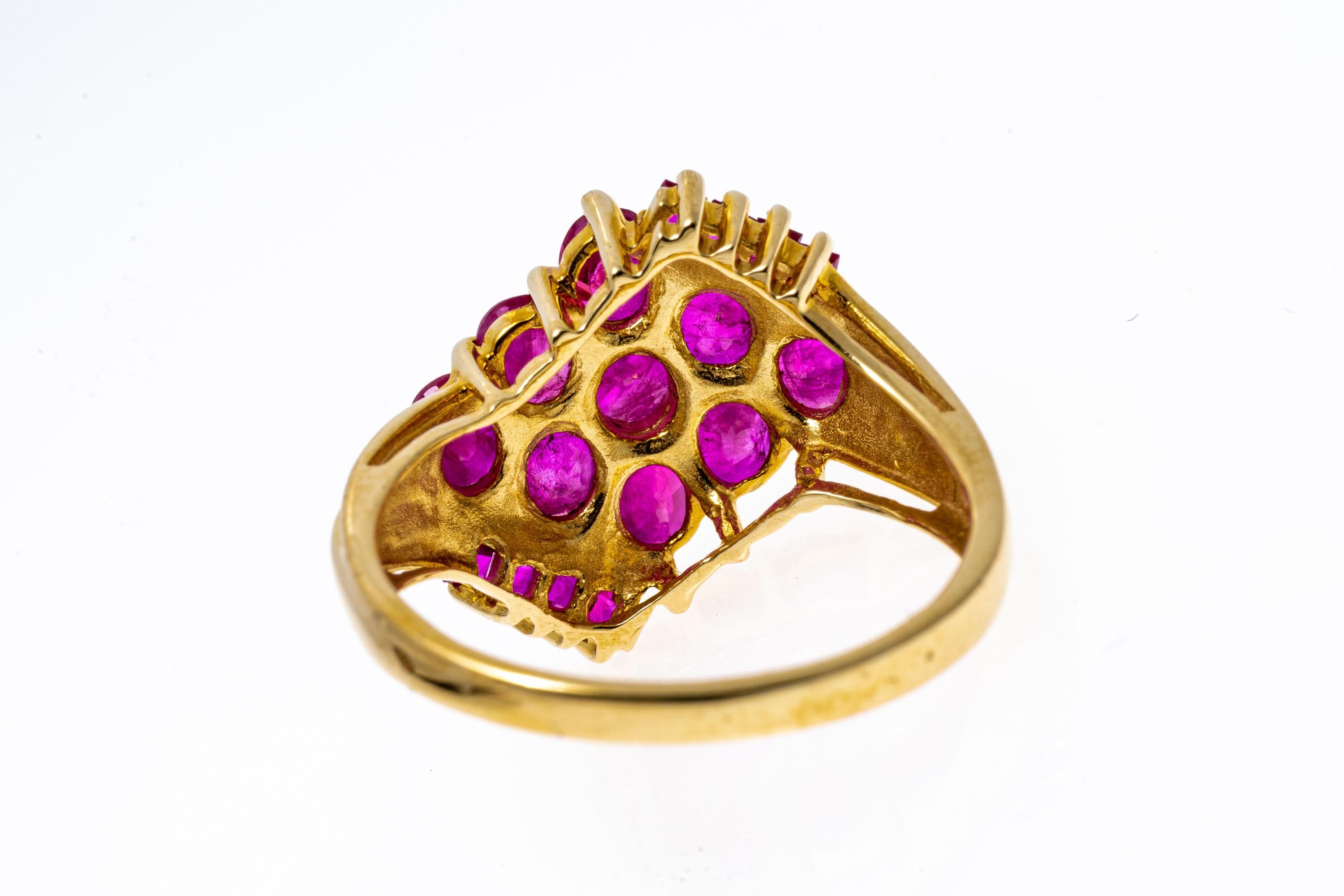 Retro 14k Yellow Gold Diamond Shaped Ruby Cluster Bypass Ring For Sale