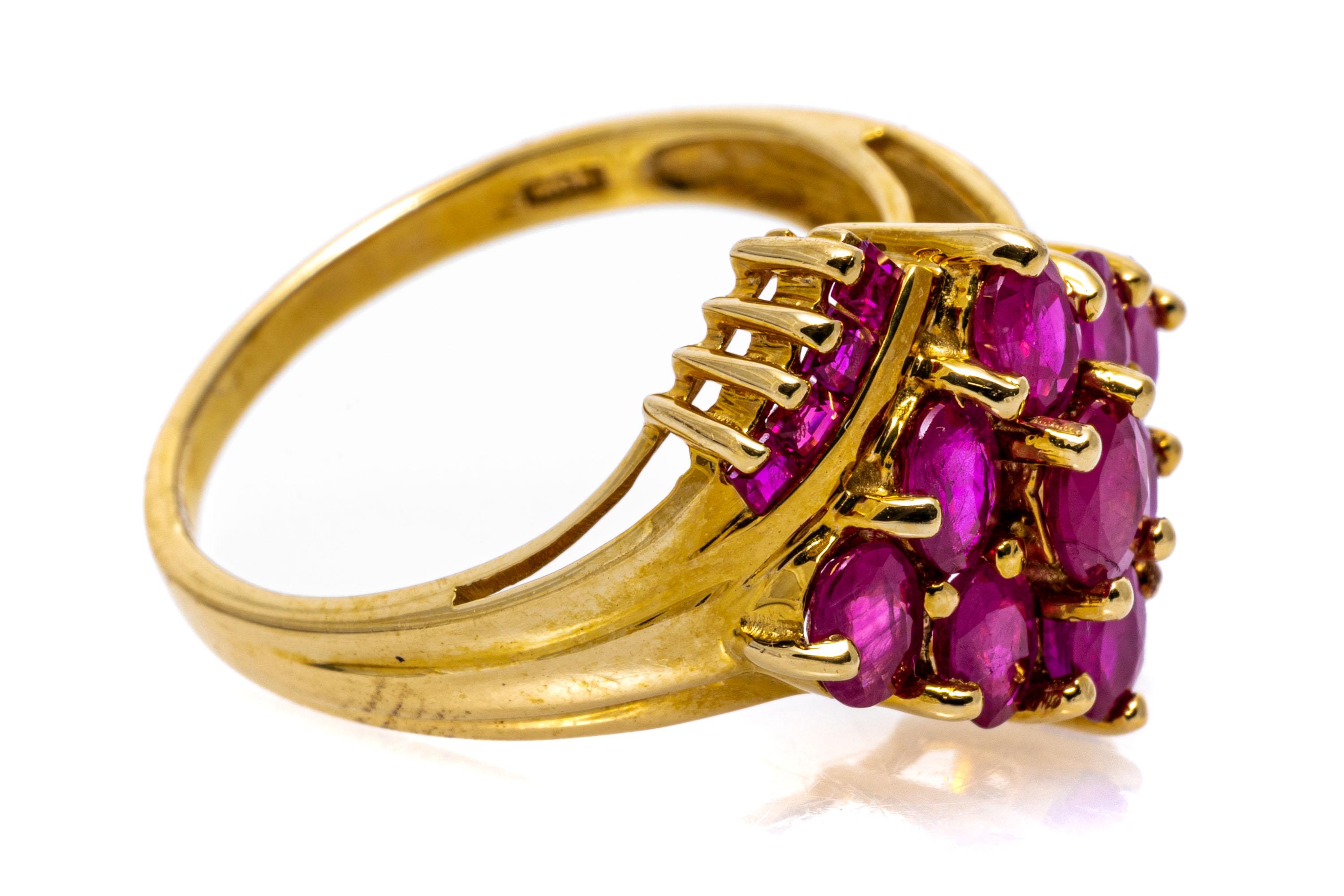14k Yellow Gold Diamond Shaped Ruby Cluster Bypass Ring In Good Condition For Sale In Southport, CT