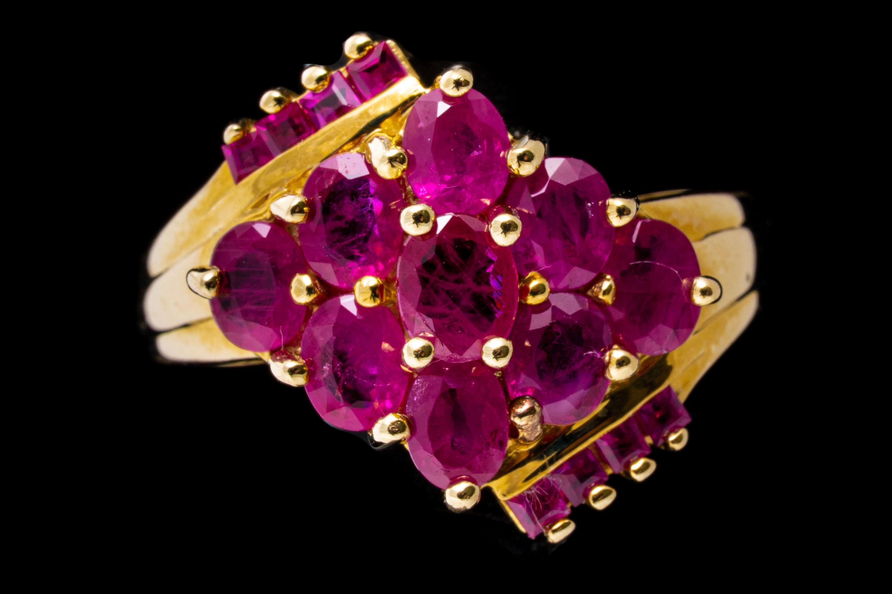 Women's 14k Yellow Gold Diamond Shaped Ruby Cluster Bypass Ring For Sale