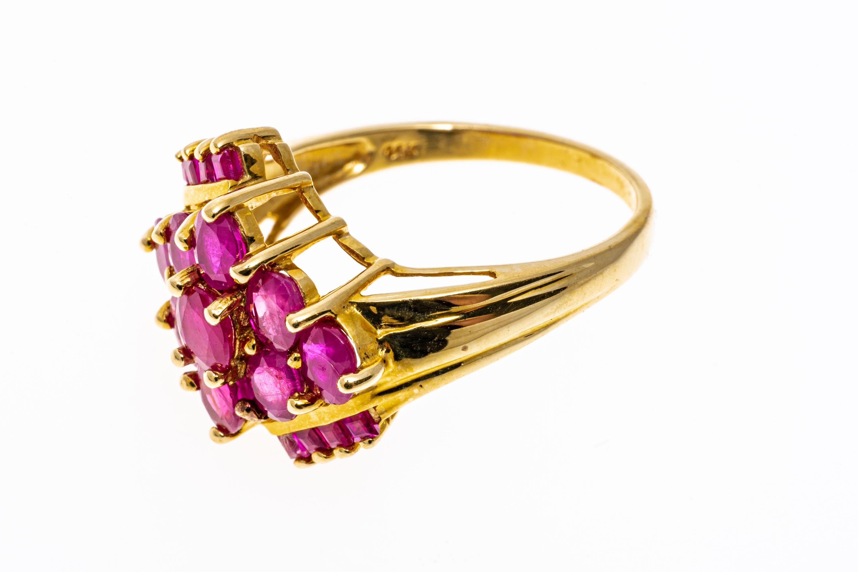 14k Yellow Gold Diamond Shaped Ruby Cluster Bypass Ring For Sale 2