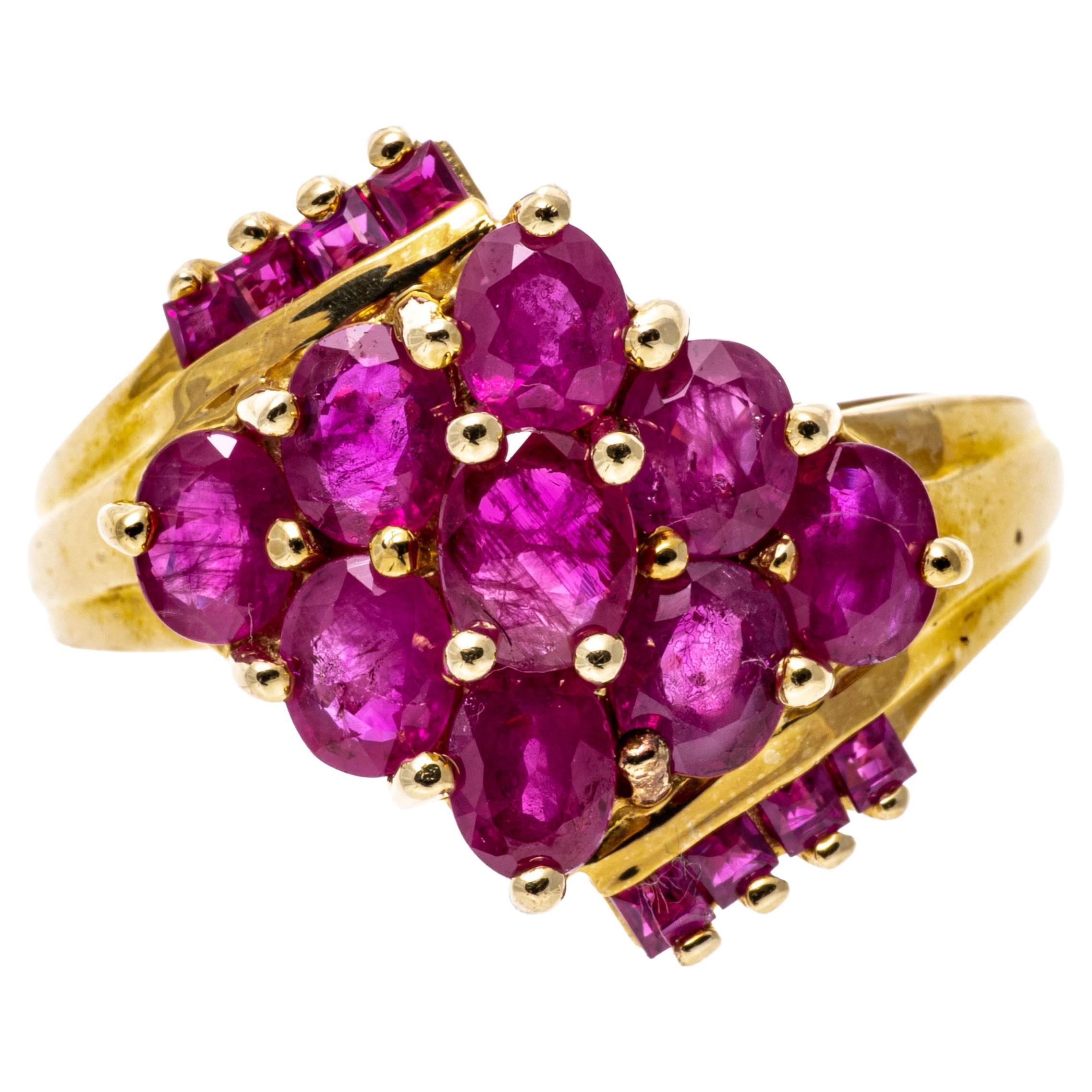 14k Yellow Gold Diamond Shaped Ruby Cluster Bypass Ring For Sale