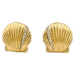 14k Yellow Gold Diamond Shell Clip Earrings