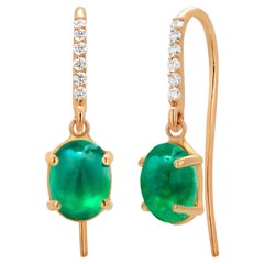 14K Yellow Gold Diamond Shepherd Hoop Earrings with Colombian Emerald Drops