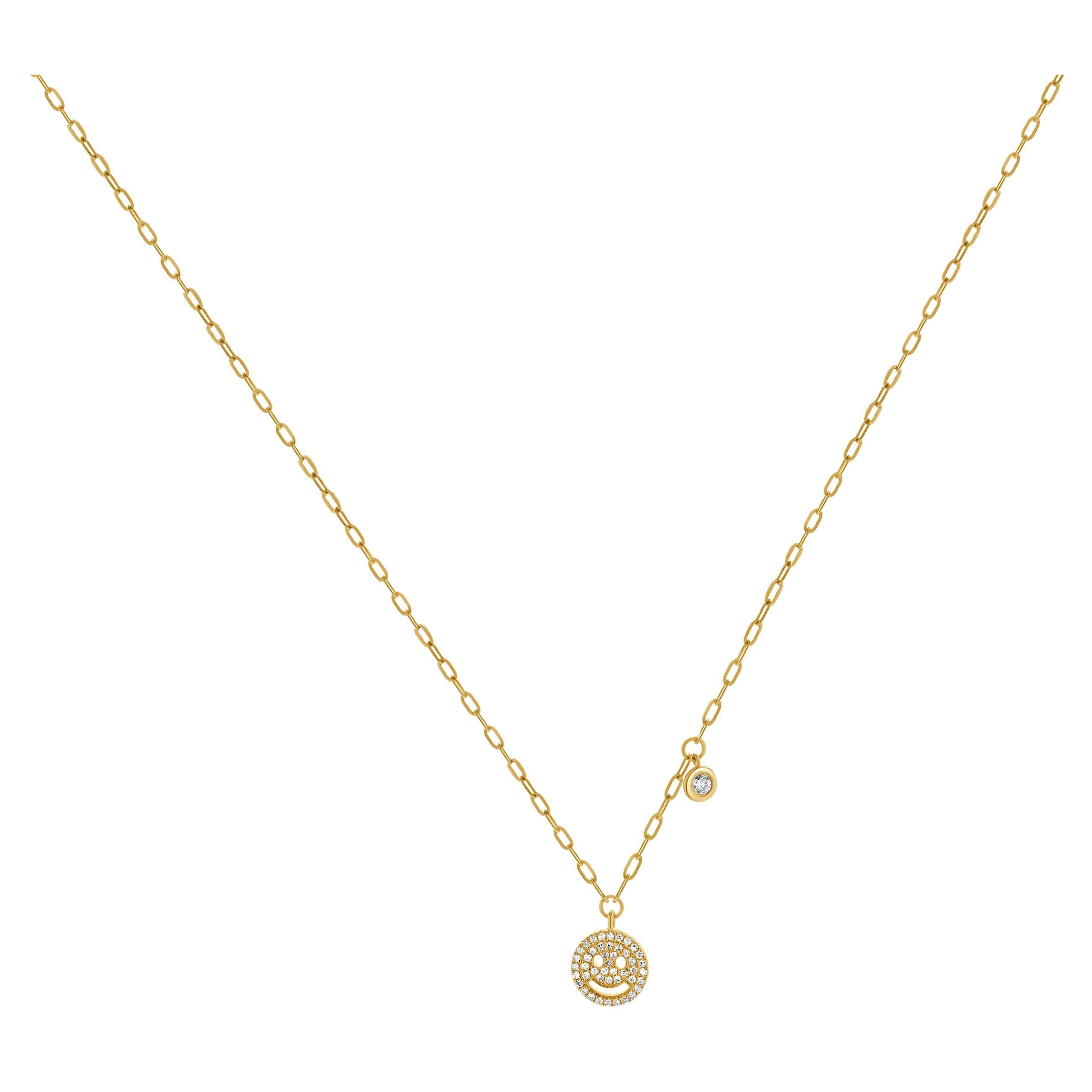 14k Yellow Gold Diamond Smiley Face Necklace For Sale