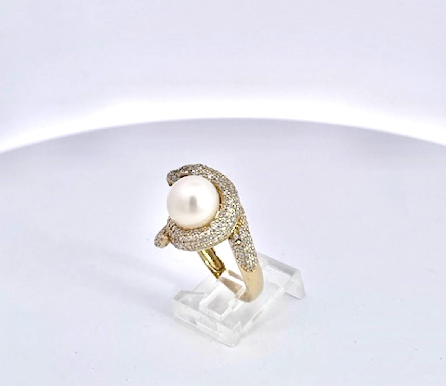 Bague serpent en or jaune 14K avec diamant et perle en vente 7