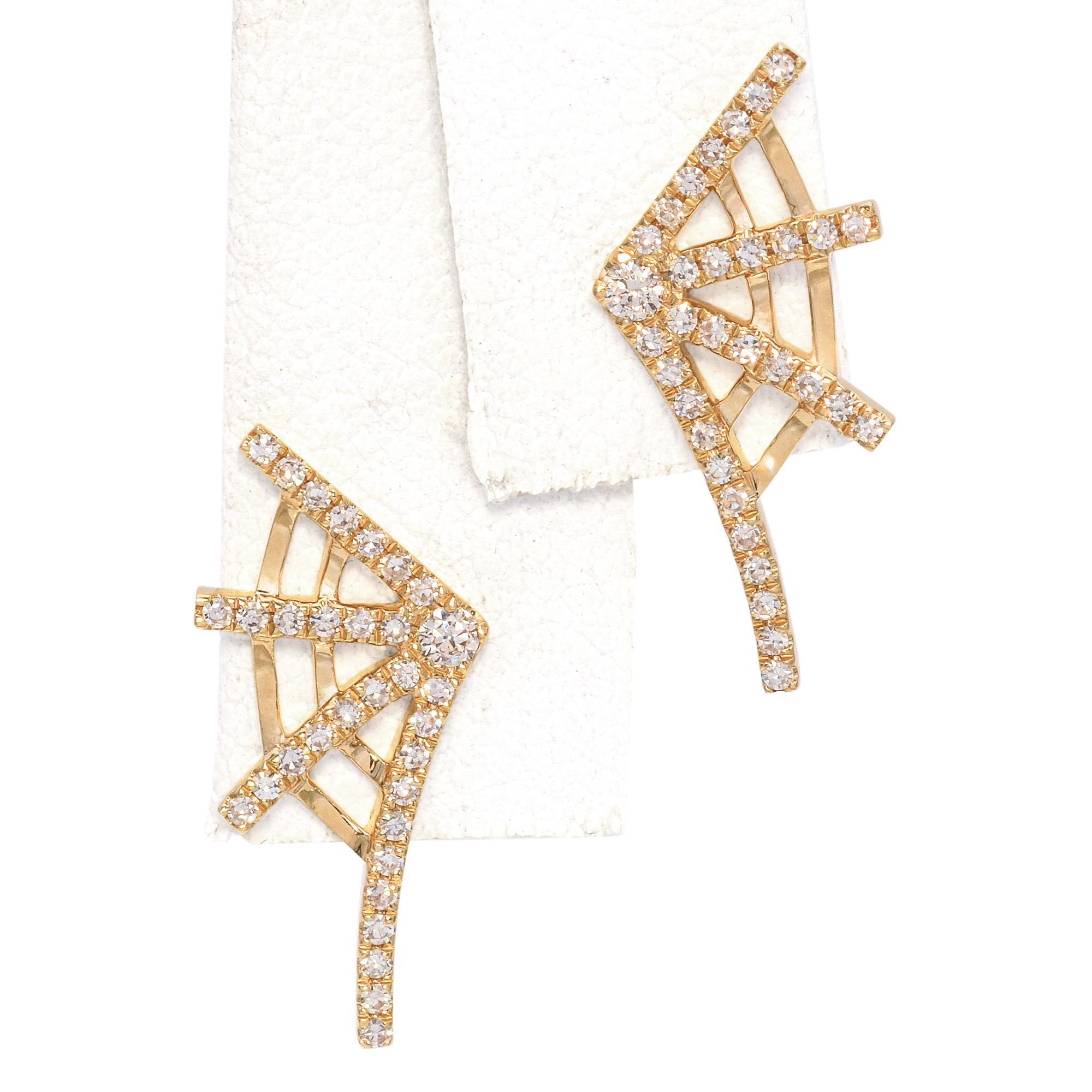 Contemporary 14K Yellow Gold Diamond Spider Web Stud Earrings