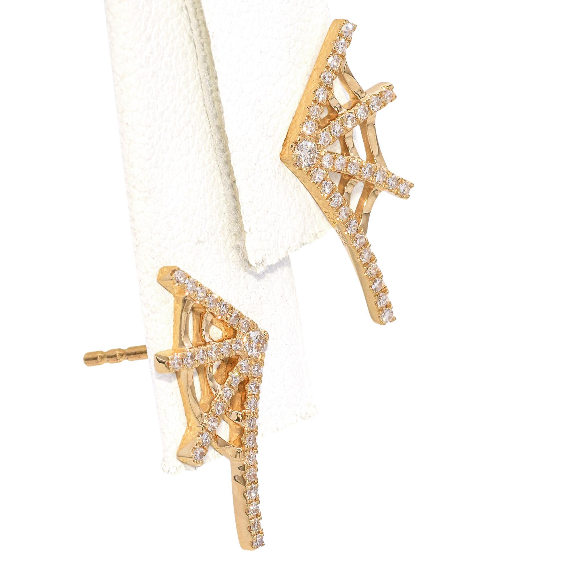 Round Cut 14K Yellow Gold Diamond Spider Web Stud Earrings