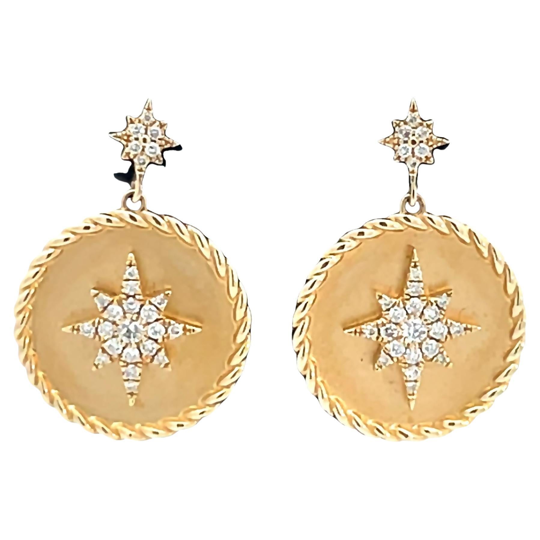 Orecchini pendenti tondi con stella di diamante in oro giallo 14K