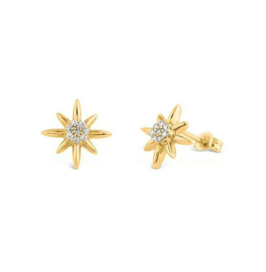 14K Yellow Gold Diamond Starburst Stud Earrings Minimalist Tiny Diamond Stars.

 Metal
Yellow Gold
Certification
BIS Hallmark, IGI
Material
14k Yellow Gold, Natural Diamond
Number of Gemstones
16
Diamond Weight
0.08 Ctw Approx
Number of