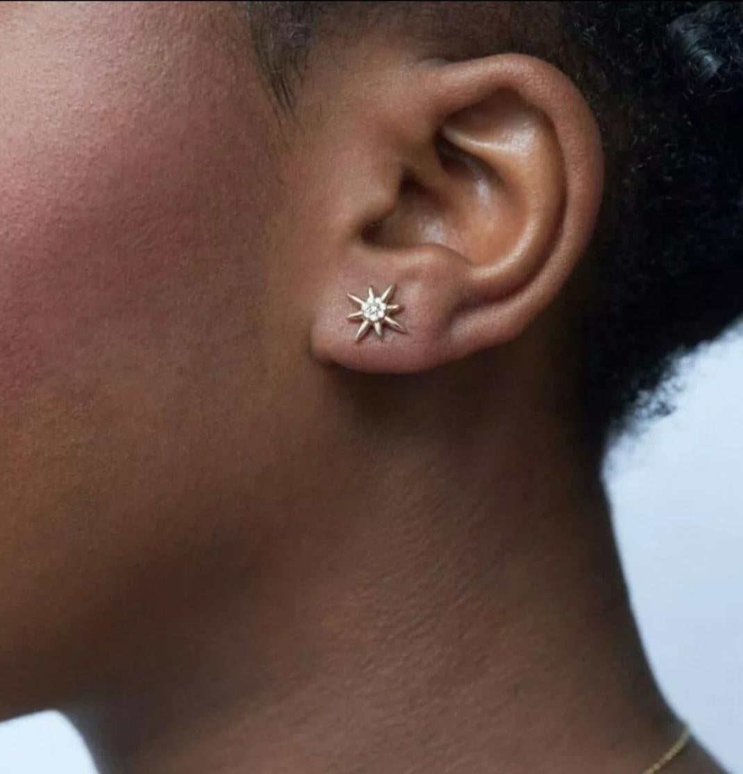 Art Deco 14K Yellow Gold Diamond Starburst Stud Earrings Minimalist Tiny Diamond Stars. For Sale