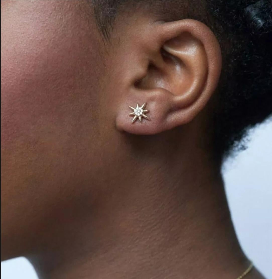 Women's or Men's 14K Yellow Gold Diamond Starburst Stud Earrings Minimalist Tiny Diamond Stars. For Sale