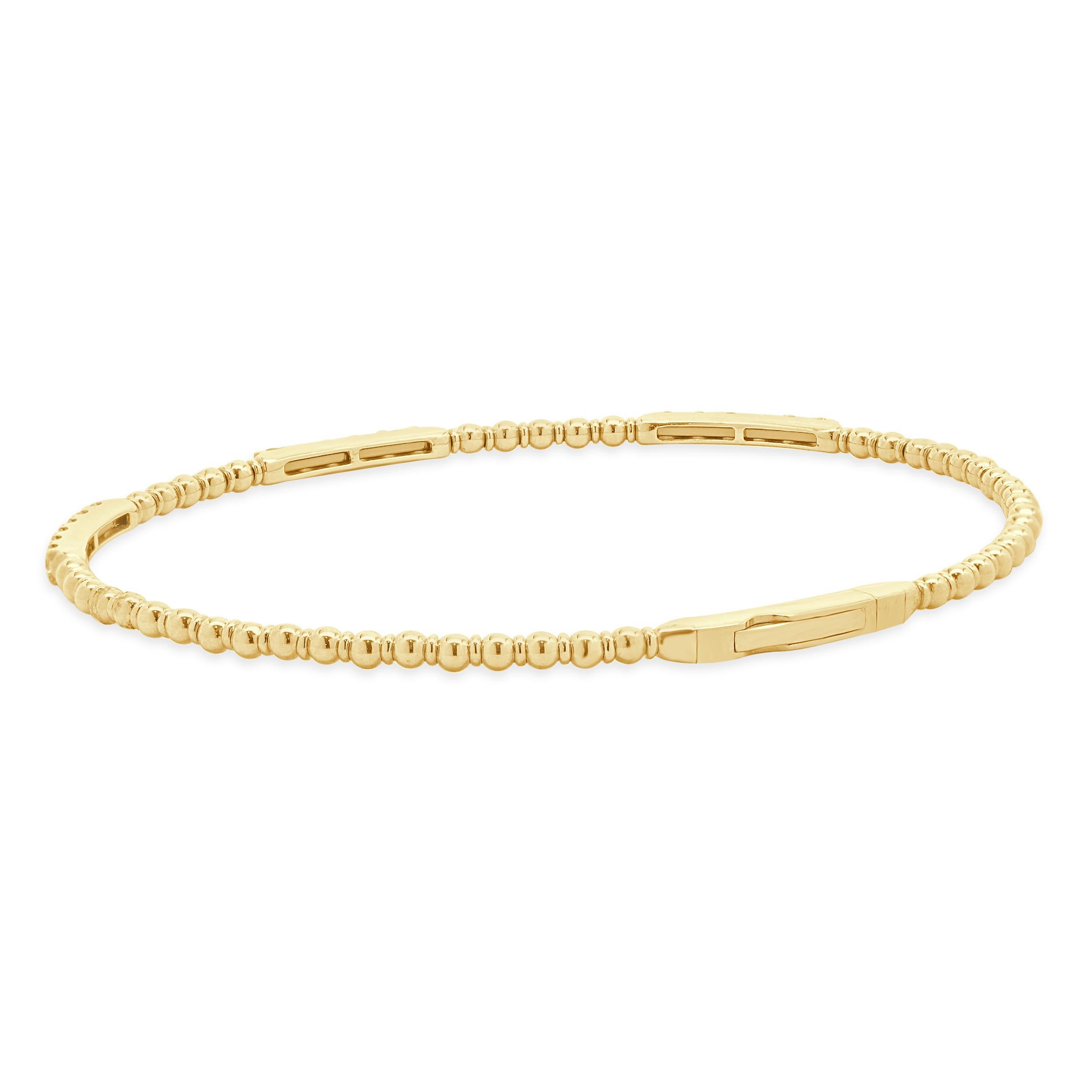 Brilliant Cut 14K Yellow Gold Diamond Station Beaded Flex Bangle For Sale