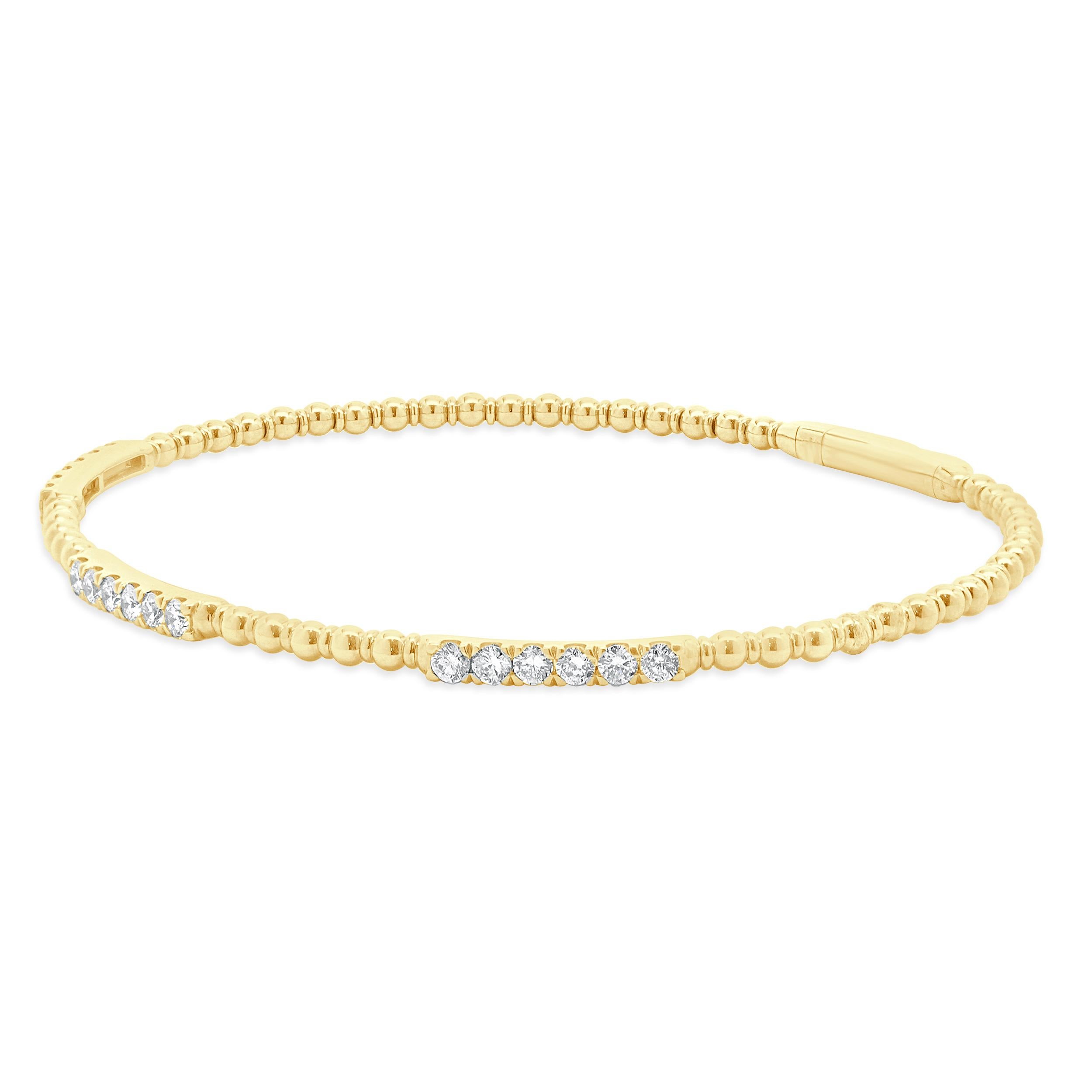 14K Yellow Gold Diamond Station Beaded Flex Bangle In Excellent Condition For Sale In Scottsdale, AZ