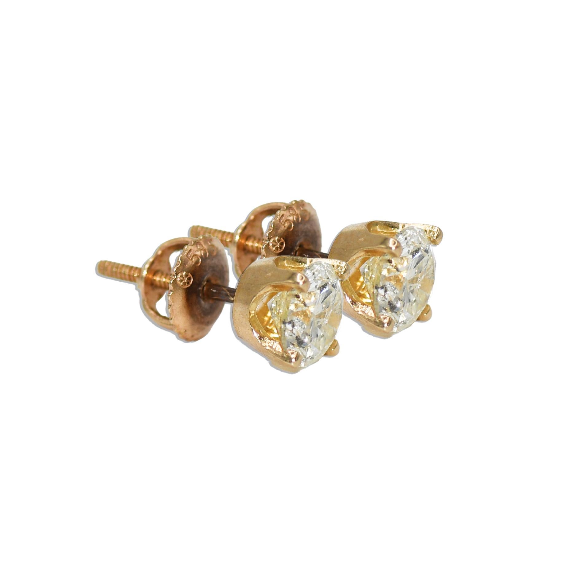 Round Cut 14K Yellow Gold Diamond Stud Earrings 1.50 carats For Sale