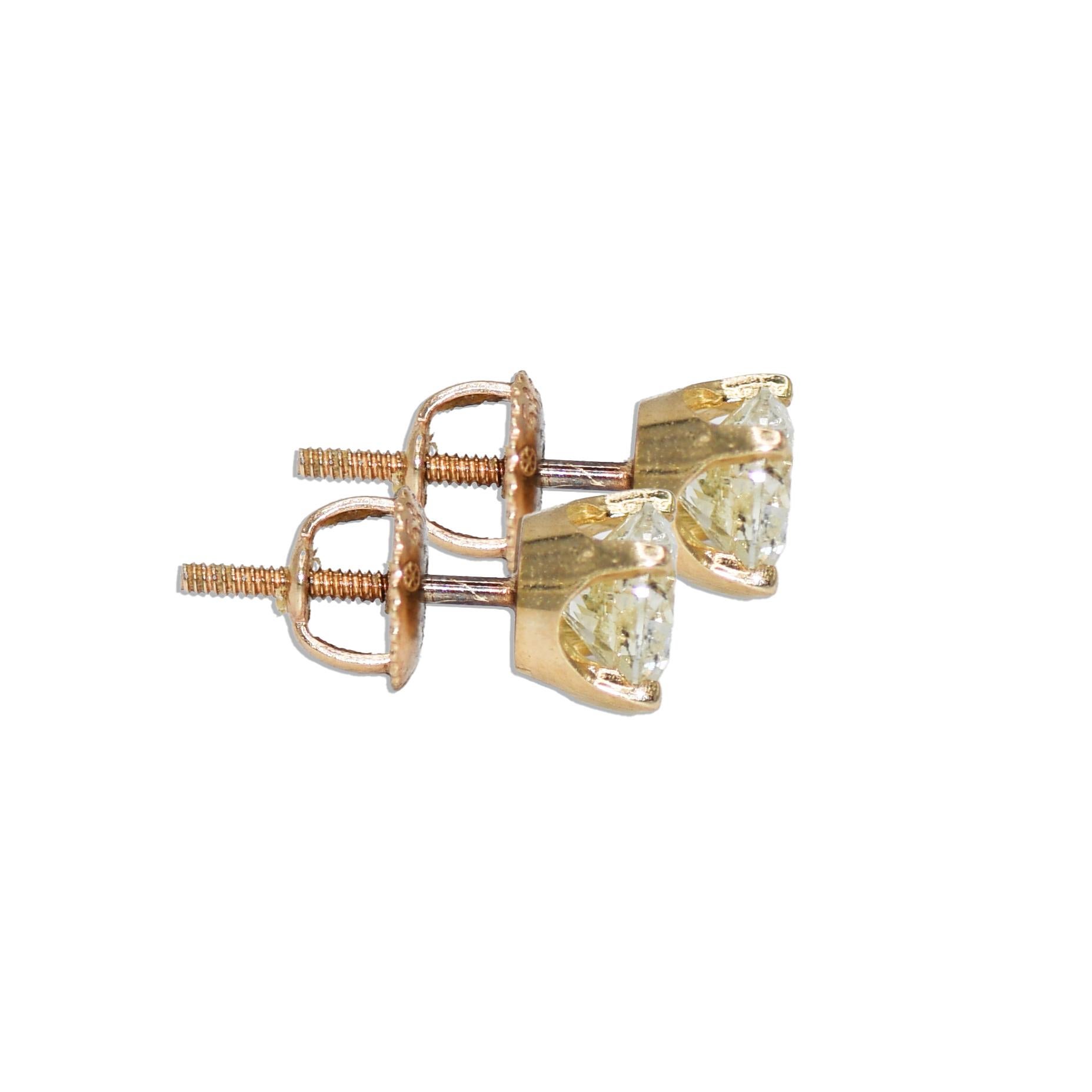 Women's or Men's 14K Yellow Gold Diamond Stud Earrings 1.50 carats For Sale