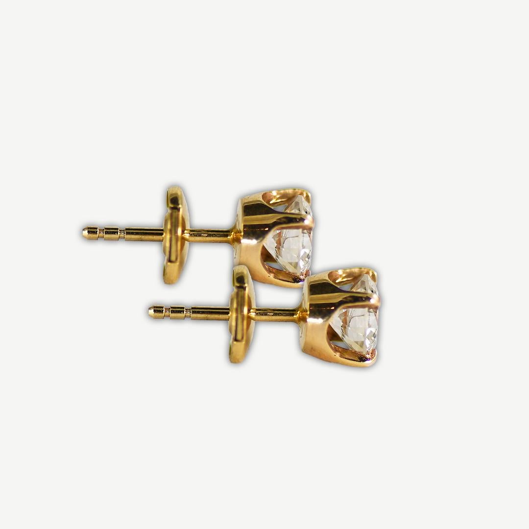 Brilliant Cut 14K Yellow Gold Diamond Stud Earrings with La Pousette Backings 1.20 ct For Sale