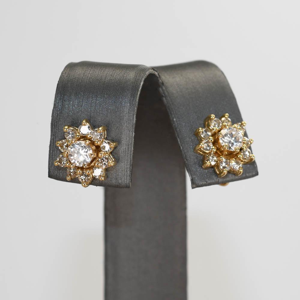 Brilliant Cut 14K Yellow Gold Diamond Stud & Half Loop Earrings, 8gr For Sale