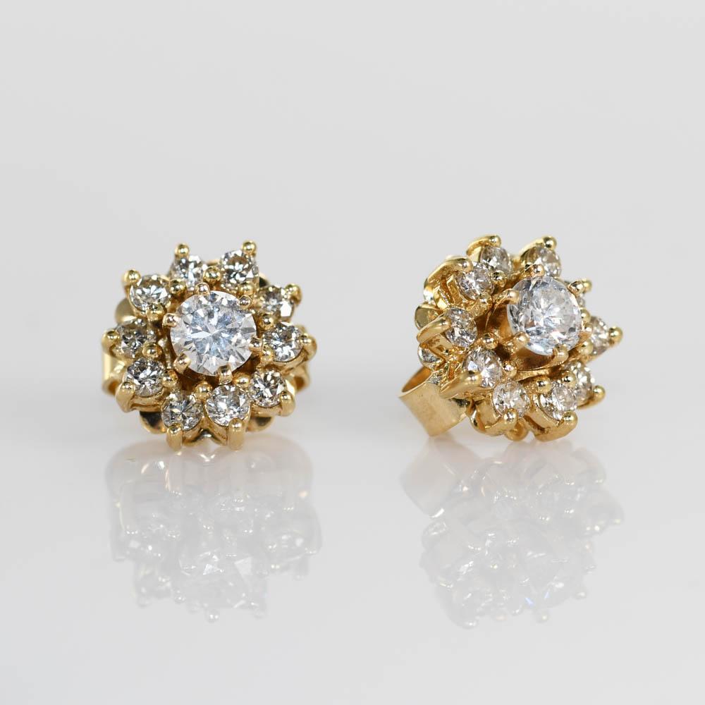Women's 14K Yellow Gold Diamond Stud & Half Loop Earrings, 8gr For Sale