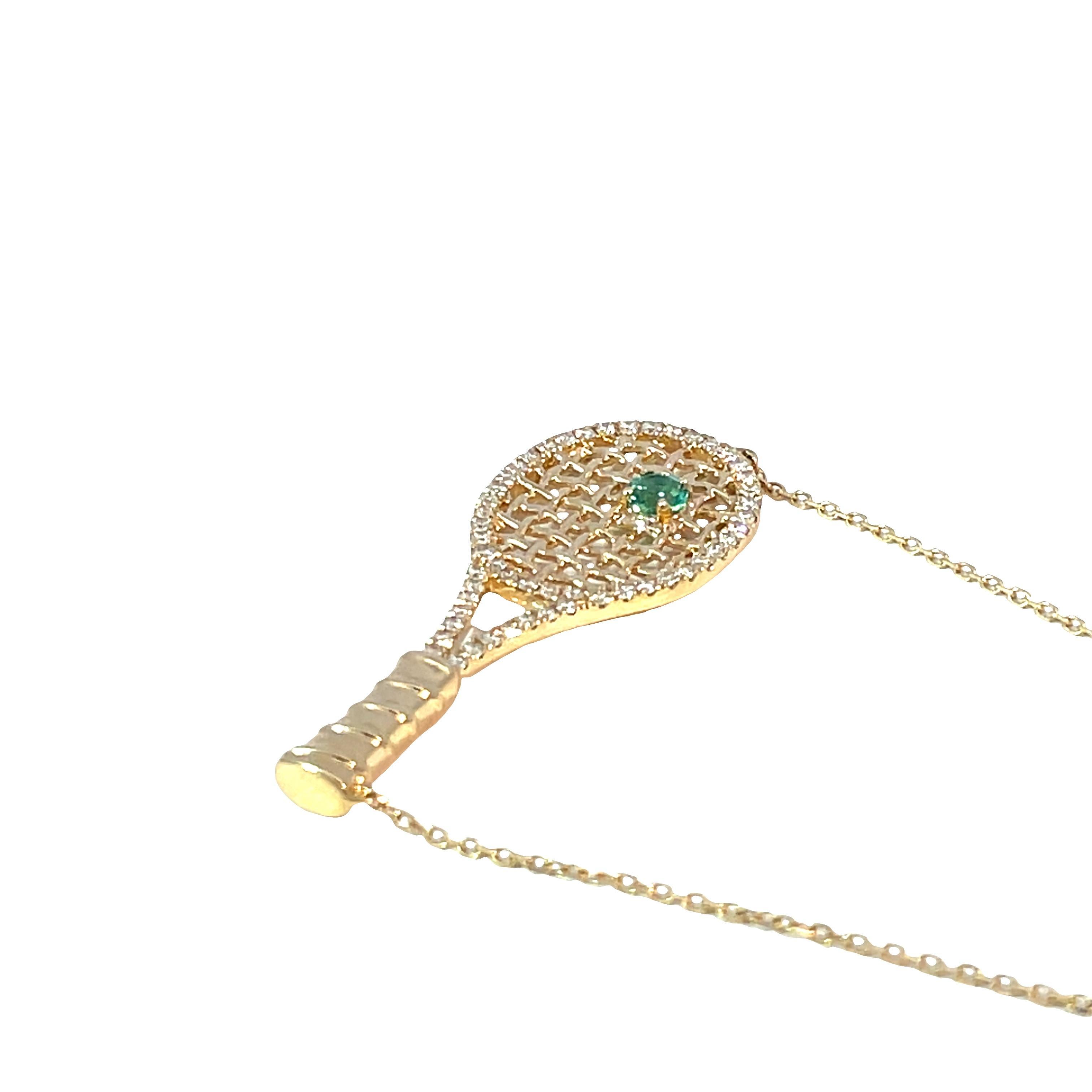 Elevate your style with our exquisite Badminton Racket Pendant Necklace, crafted from luxurious 14k yellow gold. This stunning piece features a dazzling combination of 0.13ctw emeralds and 0.26ctw diamonds, adding a touch of elegance and