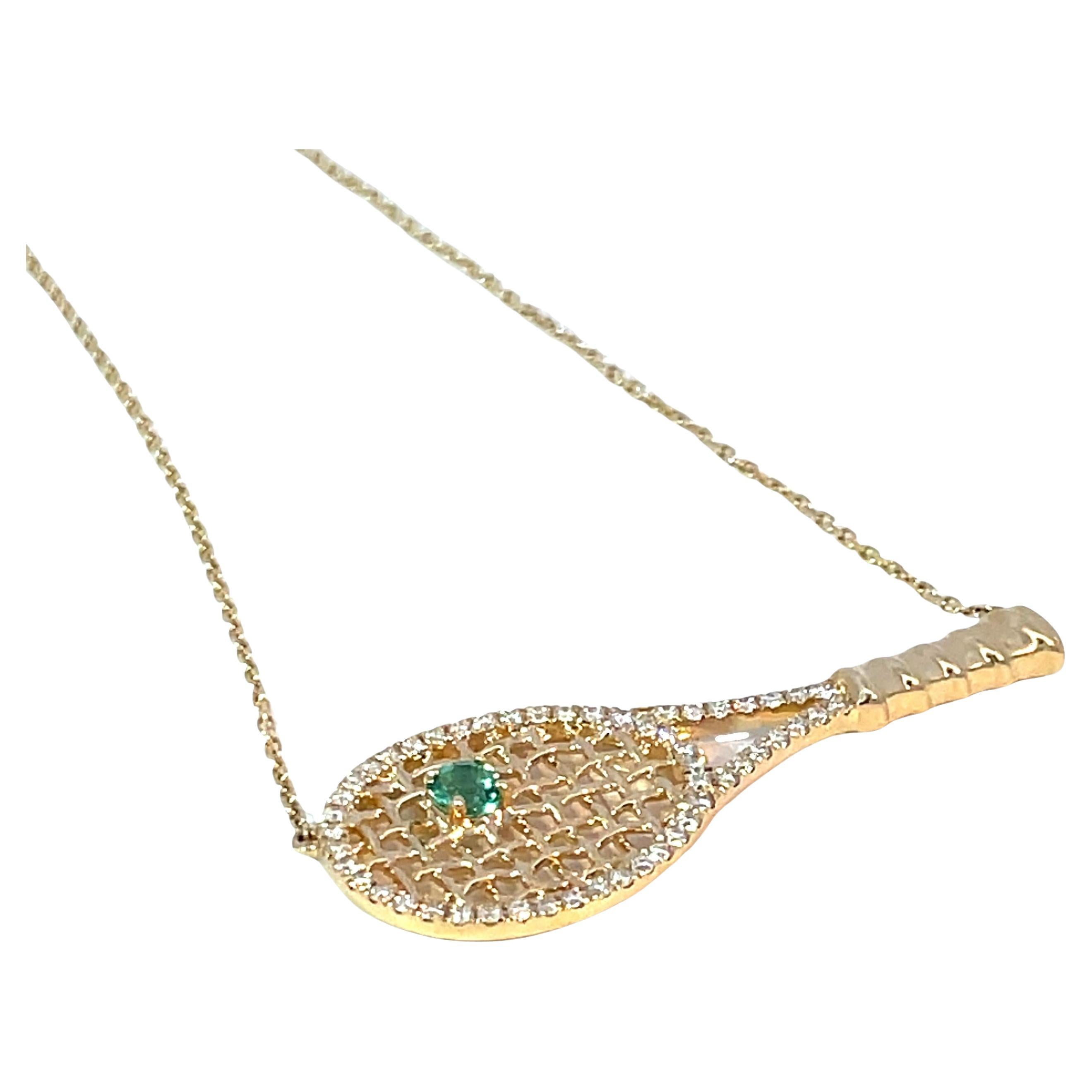 14K Yellow Gold Diamond studded Badminton Racket Pendant Necklace