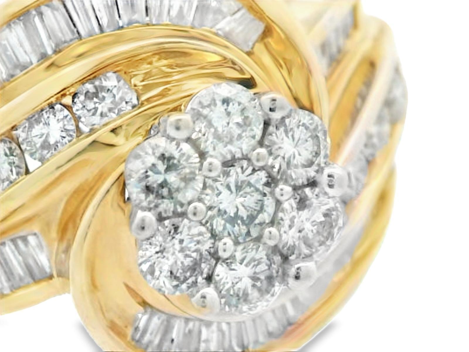 Taille ronde Bague en or jaune 14k avec tourbillon de diamants en vente