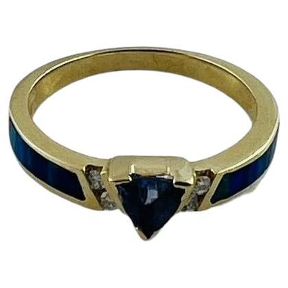 14K Yellow Gold Diamond, Tanzanite & Black Opal Inlay Ring Size 7 #16486